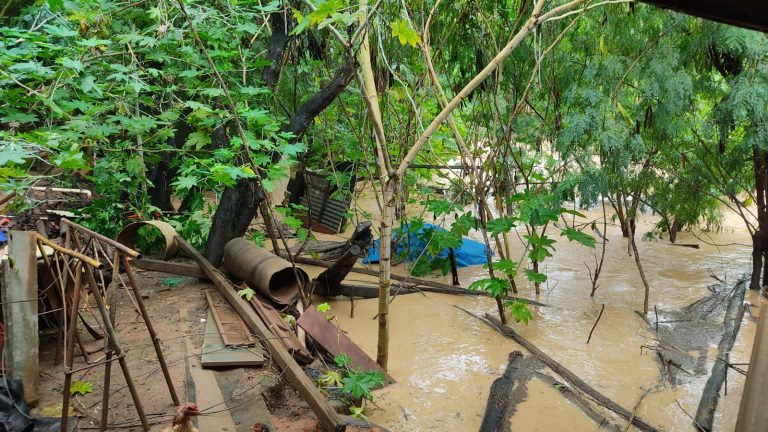 Com o ribeirão subindo, moradores temem que a água invada suas casas